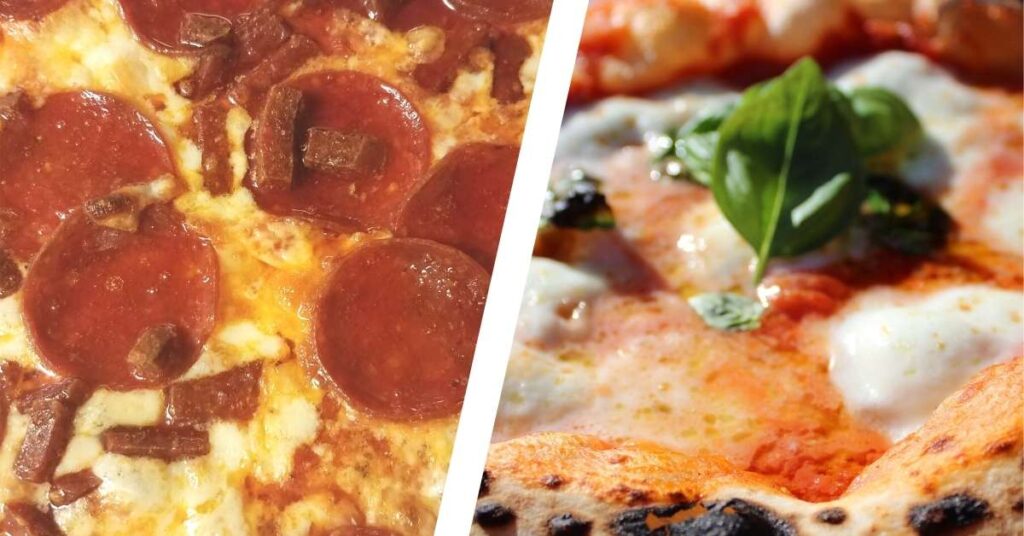 A side by side comparison of Neapolitan and New York style pizzas.