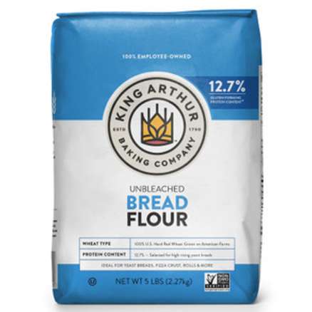 A blue bag of King Arthur bread flour with high gluten content.