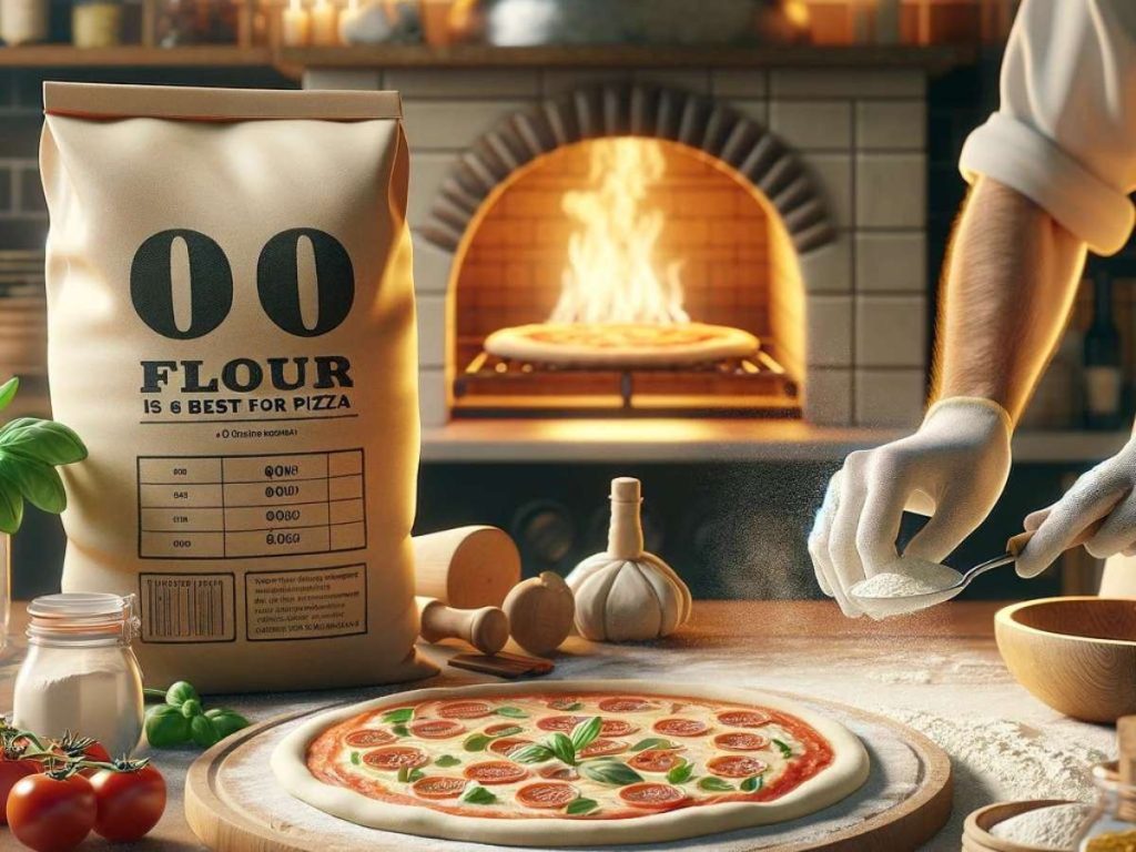 A bag of 00 flour being used to make pizza. 