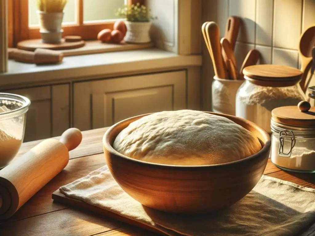 A bowl of pizza dough rising in a warm sunny kitchen.