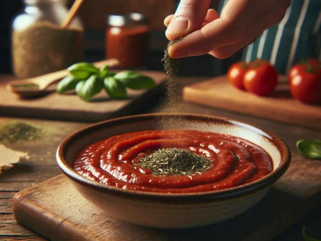 Dried basil being sprinkled into a fresh pizza sauce.