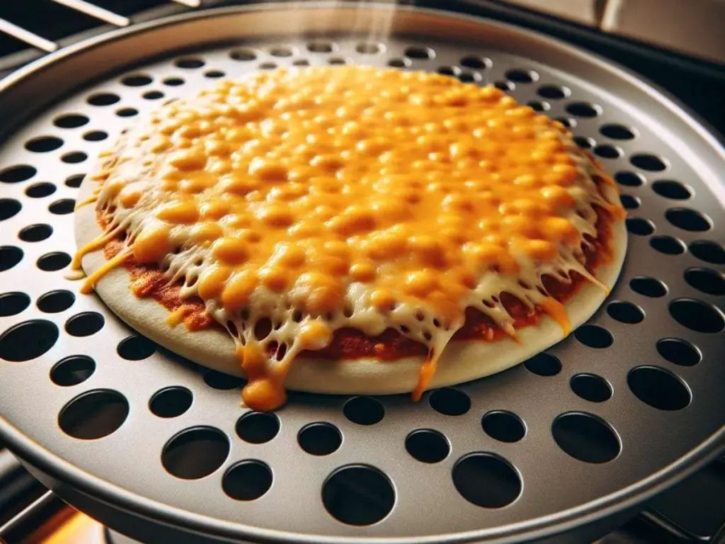 A cheese pizza partially cooked on a perforated pizza pan.