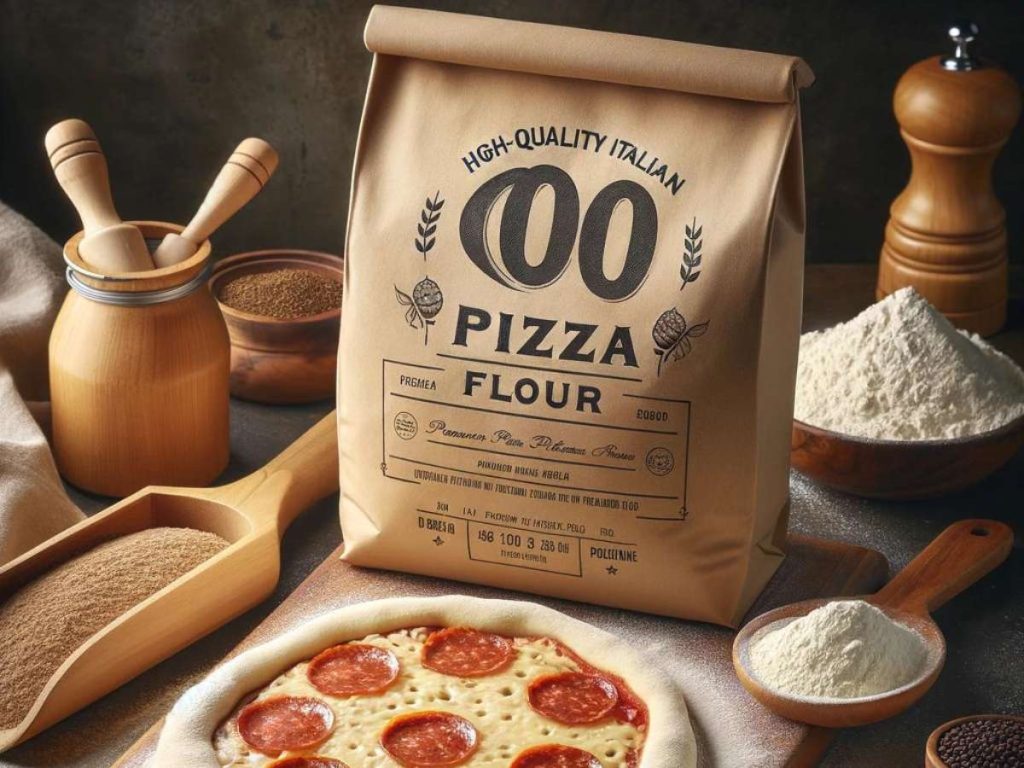A bag of high quality Italian 00 pizza flour next to a pizza. 