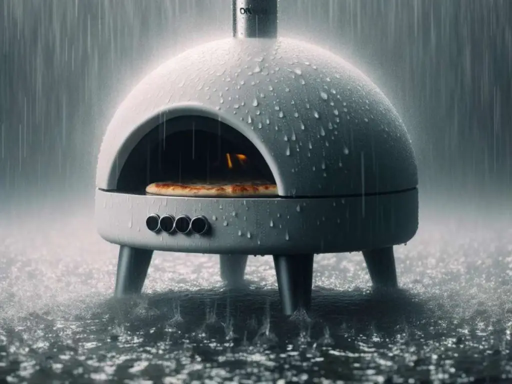 A portable pizza oven being used in a heavy downpour of rain.