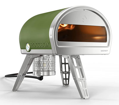 An olive colored Gozney Roccbox pizza oven.