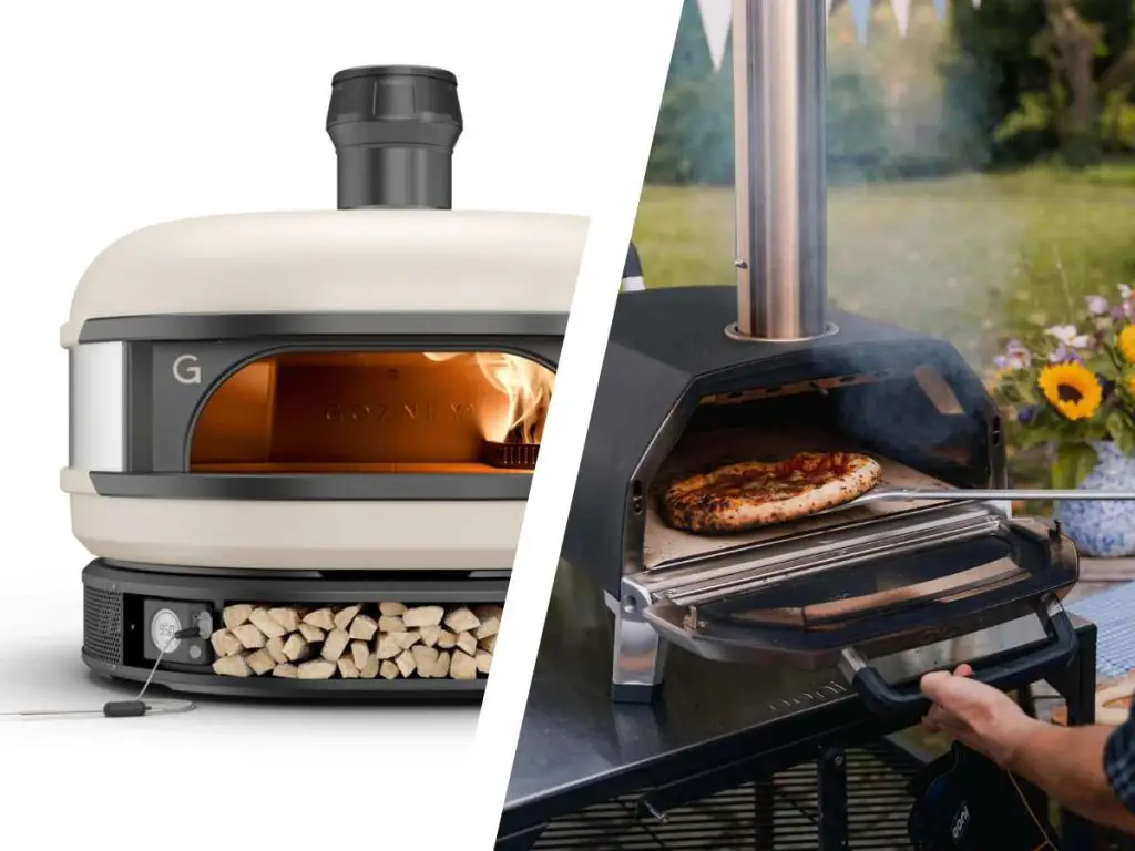 A split view comparison of the Gozney Dome vs the Ooni Karu 16 pizza oven.