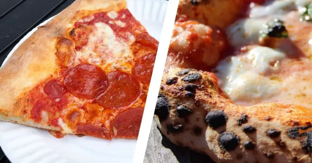 A New York style slice of pizza compared to a Neapolitan pizza.