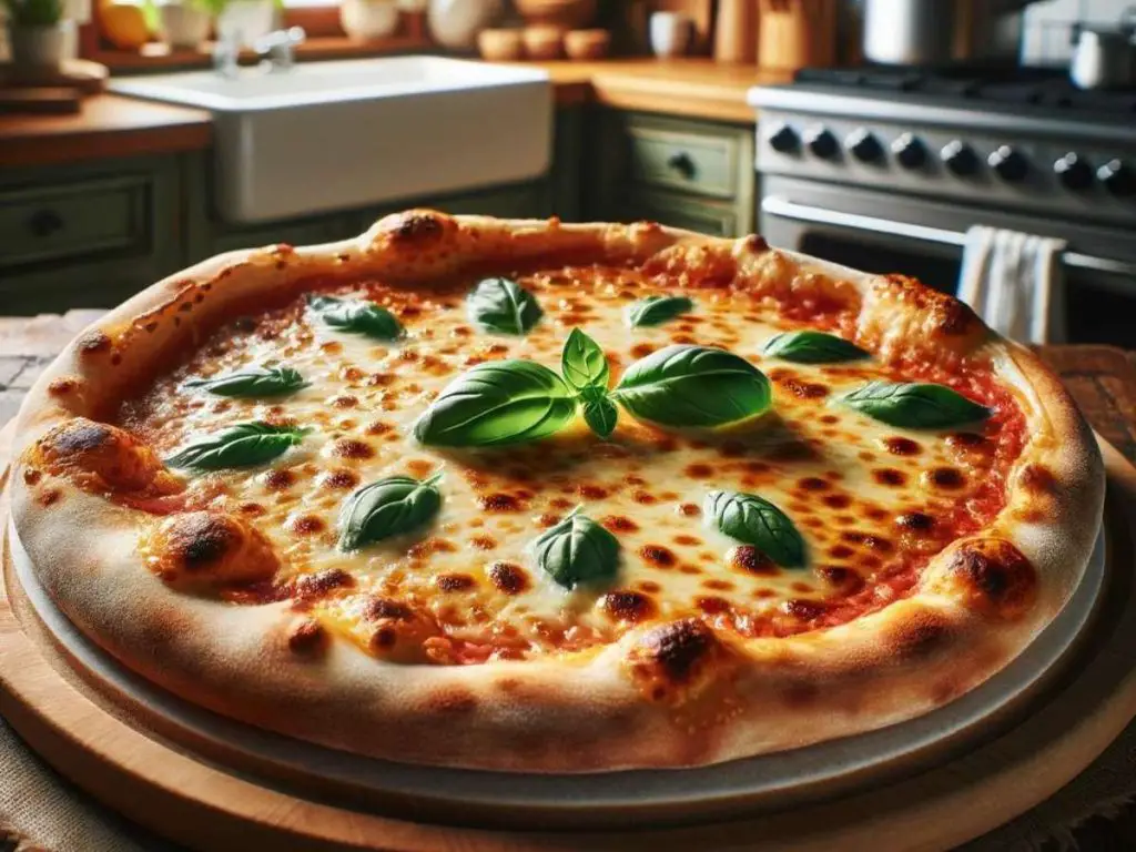 A homemade pizza with cheese and basil in the foreground with a regular home oven slightly blurred in the background.