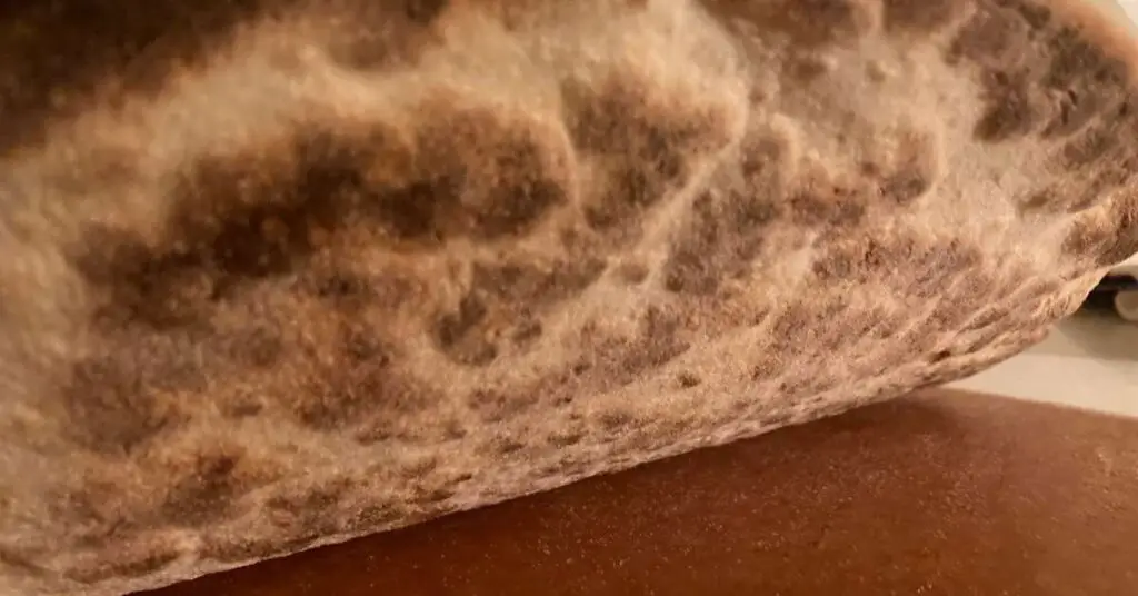 The underside of a crispy pizza crust cooked on a pizza steel to prevent sogginess.
