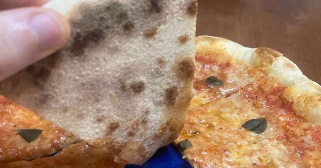 underside of a slice of homemade pizza showing nice char marks and browning