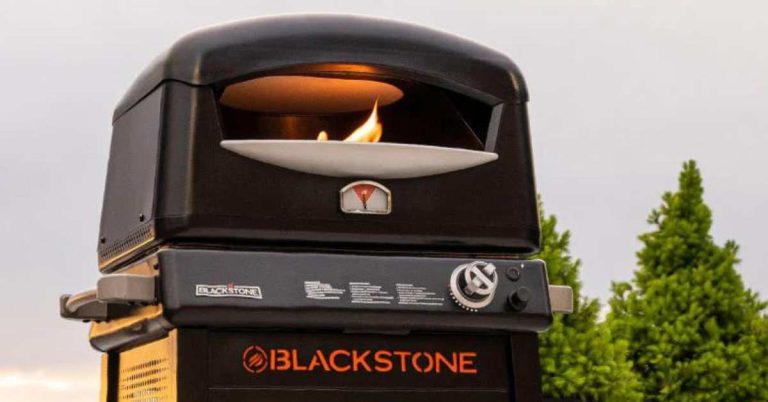 Blackstone propane pizza oven shown from the top in front of some trees.