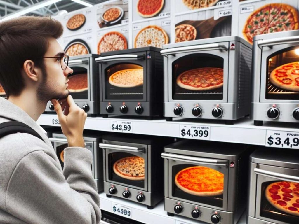 A man considering which pizza oven to buy looking at a shelf of pizza ovens of various prices.