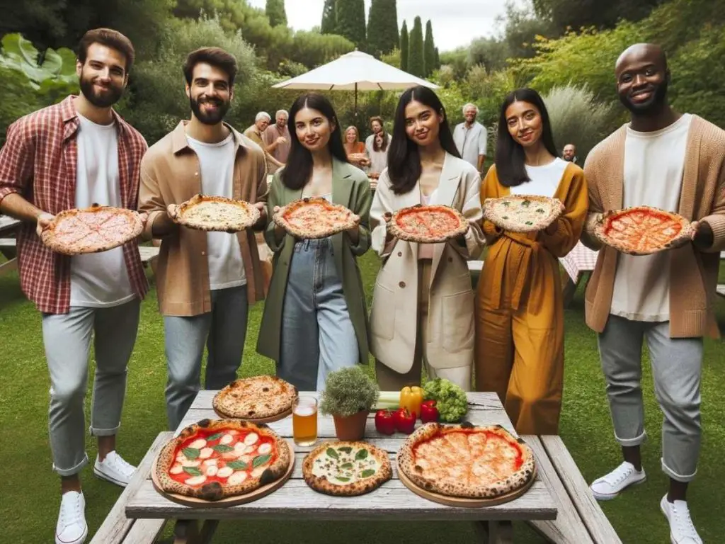 A group of people showing off Neapolitan style pizzas cooked in Ooni pizza ovens.