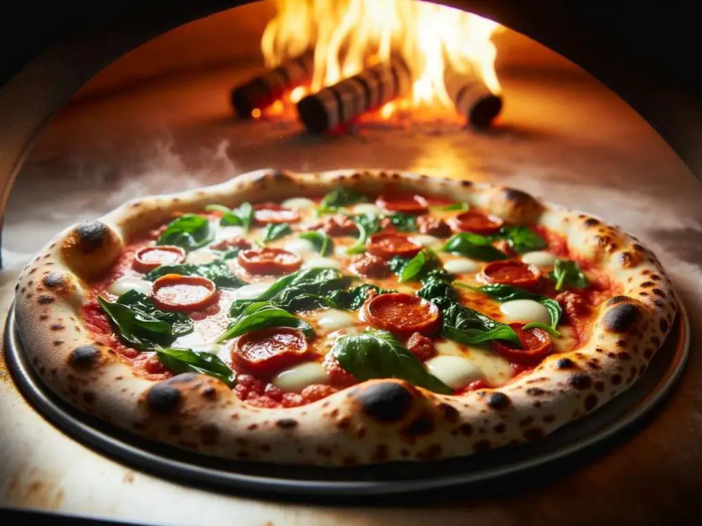 A Neapolitan style pizza coming out of a wood-fired pizza oven.