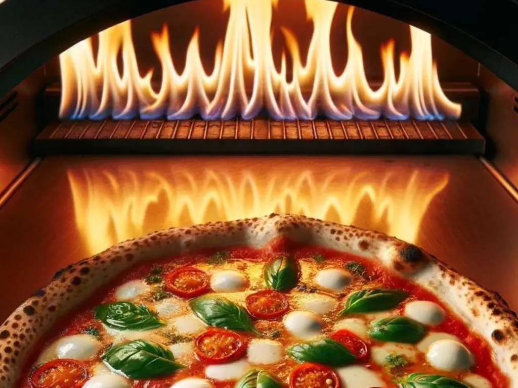 A pizza baking in a natural gas pizza oven.