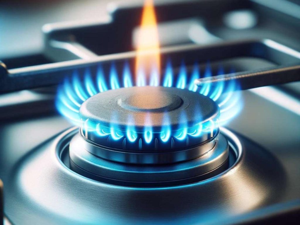 A closeup view of a natural gas burner with blue and orange flames rising out of it.