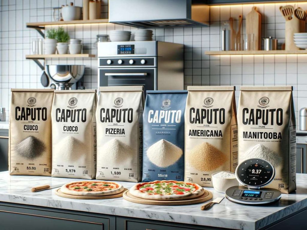 A counter topped with various bags of Caputo flour and a Neapolitan pizza in the foreground.
