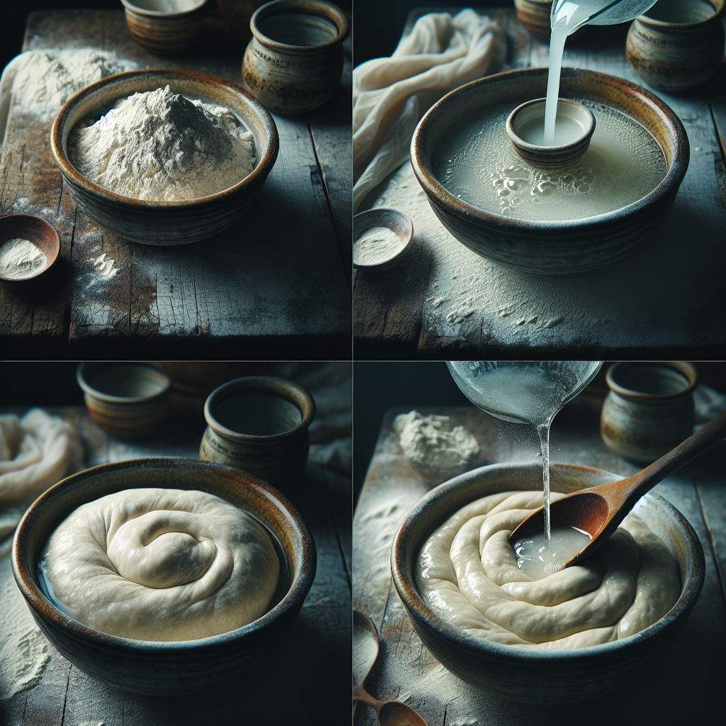 A step-by-step process of making poolish pizza dough on a kitchen counter.