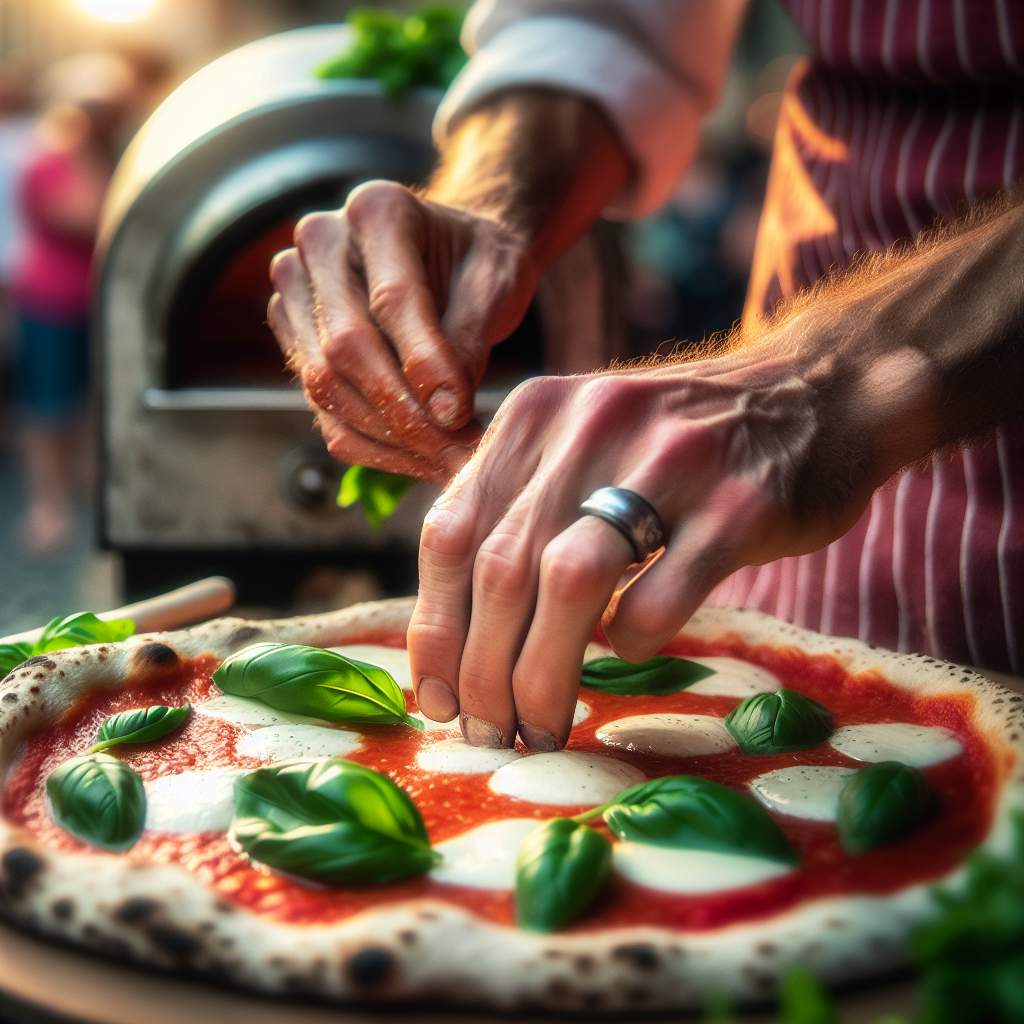 Hands skillfully prepare Neapolitan pizza dough on a wooden peel, with an Ooni portable oven softly blurred in the background.