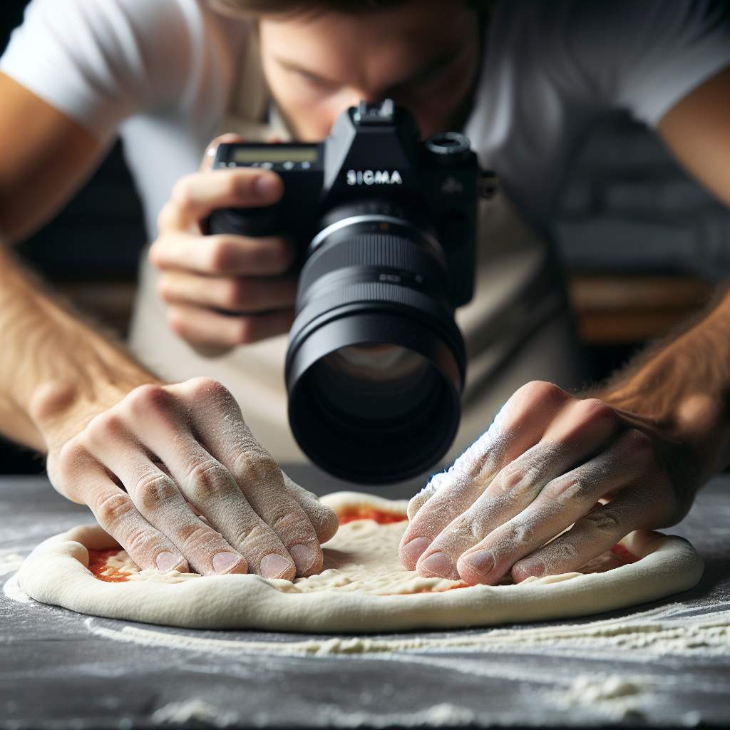 Close-up of hands spreading tomato sauce on pizza dough, with an Ooni portable oven blurred behind, emphasizing a homemade pizza moment.