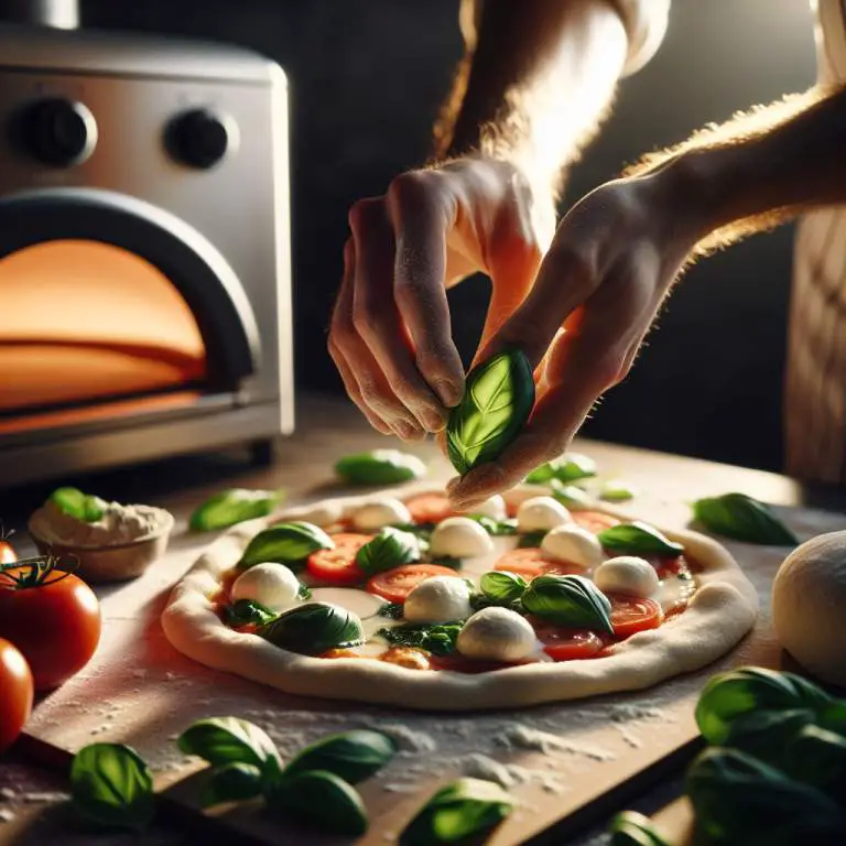 Hands meticulously garnishing a pizza with toppings, with an Ooni portable oven blurred in the background for a focused culinary scene.