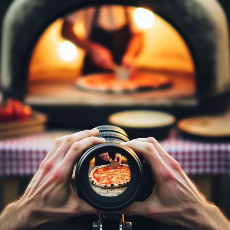 Pizza preparation in progress, hands and dough in sharp detail with an Ooni portable oven fading softly into the background.