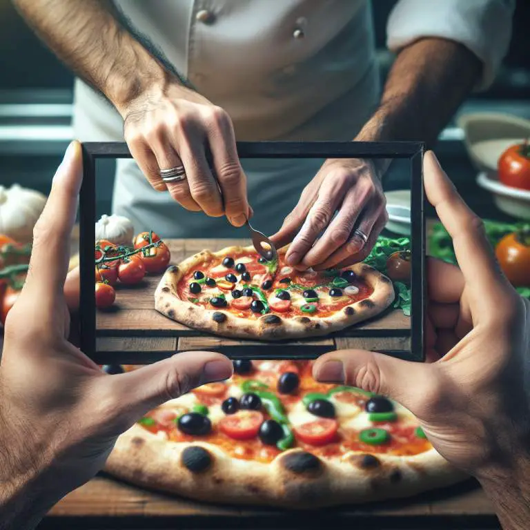 A culinary artist's hands at work on a Neapolitan pizza, with the Ooni oven providing a hazy backdrop.