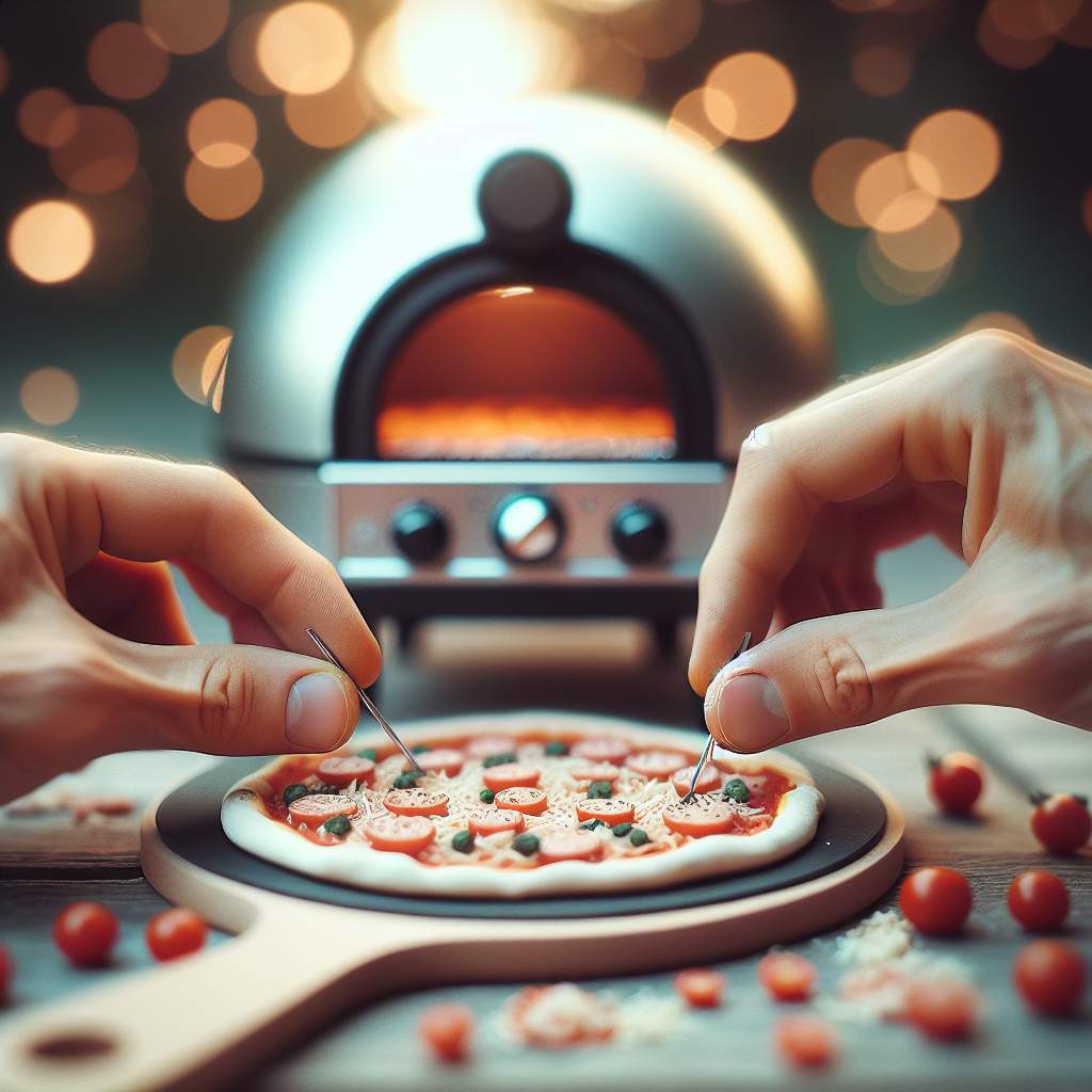 Artisan hands sprinkle cheese on Neapolitan pizza, focusing on the toppings against a dreamy, out-of-focus Ooni oven scene.