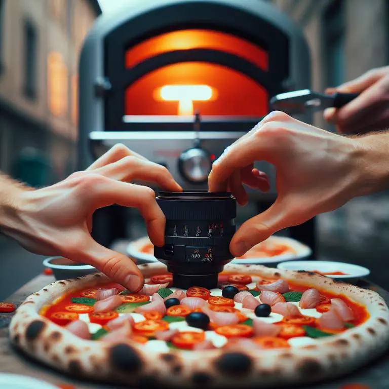 Crafting a Neapolitan pizza by hand, highlighted against a softly blurred Ooni portable oven background.
