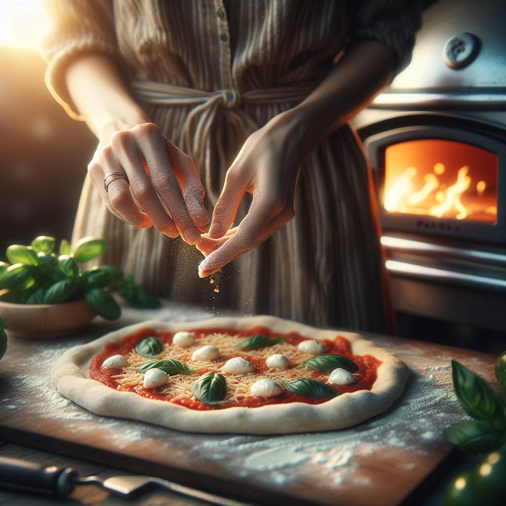 Preparing pizza with fresh ingredients on a peel, featuring a gently blurred image of an Ooni portable oven in the background.