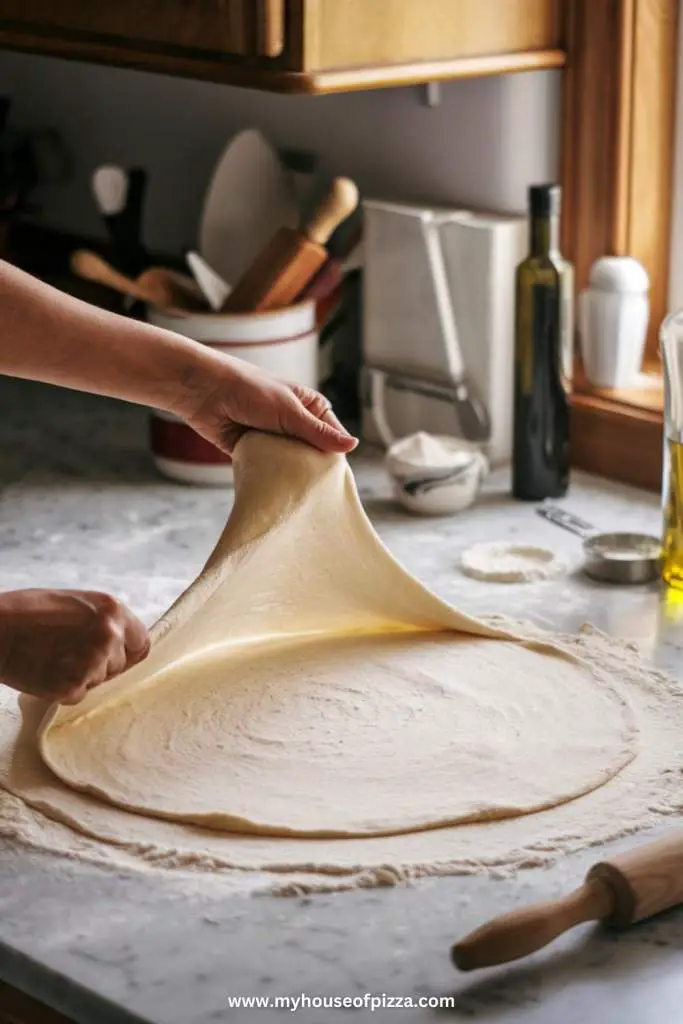 Homemade New York Style Pizza Recipe 5 Hands stretching New York-style pizza dough over a floured countertop in a cozy kitchen.