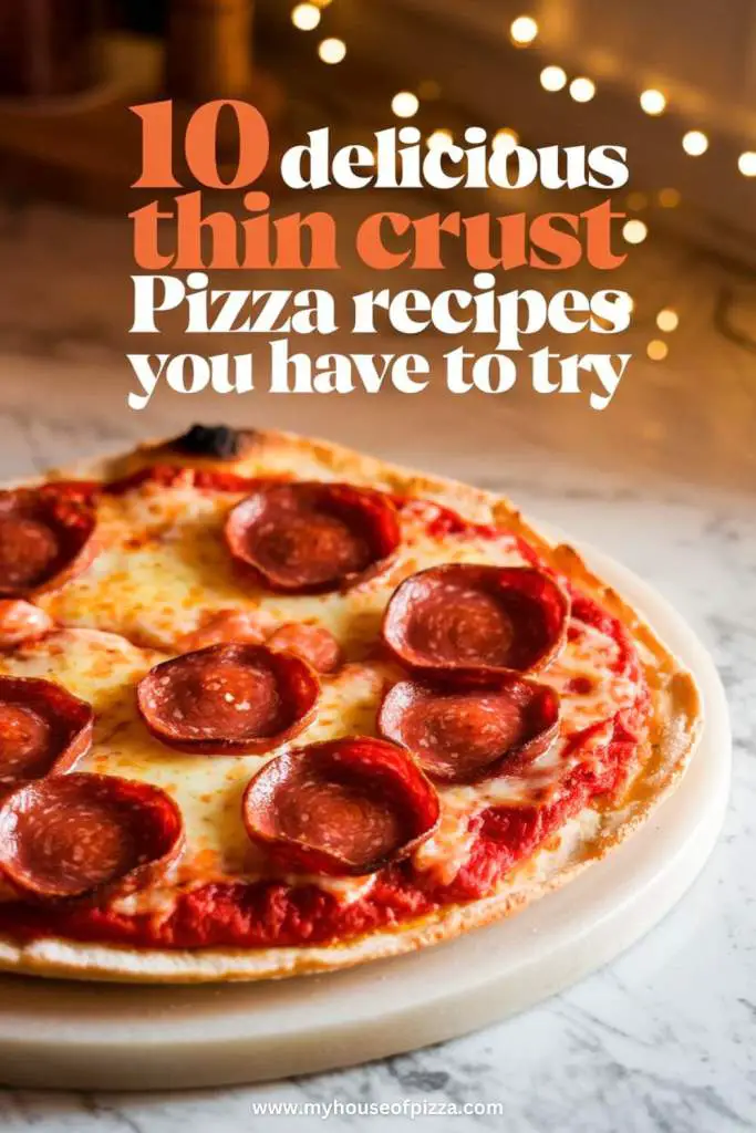10 Delicious Thin Crust Pizza Recipes You Have To Try 12 10 thin crust recipes Pinterest pin, featuring a thin crust pepperoni pizza on a kitchen countertop.