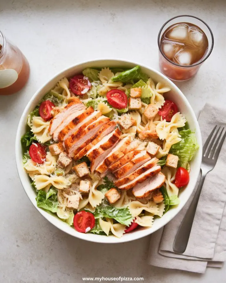 A photo taken from a 45-degree angle, using all-natural lighting. On a light gray granite countertop, a simple white ceramic bowl filled with Caesar Pasta Salad sits naturally, with some romaine and pasta pieces slightly peeking over the edge of the bowl. The salad is topped with a casual sprinkle of croutons, shredded Parmesan, and unevenly sliced grilled chicken strips, with a faint drizzle of Caesar dressing visible. A fork and slightly wrinkled cloth napkin rest to the side, with a glass of iced tea on the countertop next to a container of dressing with the lid off.