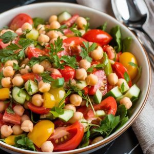 Italian Chickpea Salad Recipe for a Healthy and Delicious Side Dish 7 A vibrant Italian chickpea salad with colorful vegetables and fresh herbs served in a white ceramic bowl on a black quartz marble countertop.