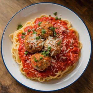 Best Easy Spaghetti and Meatballs Recipe for Busy Nights 7 Photo taken from a top-down angle, using all-natural lighting, showing a plate of spaghetti topped with meatballs and marinara, garnished with Parmesan cheese and parsley, on a wooden kitchen table.