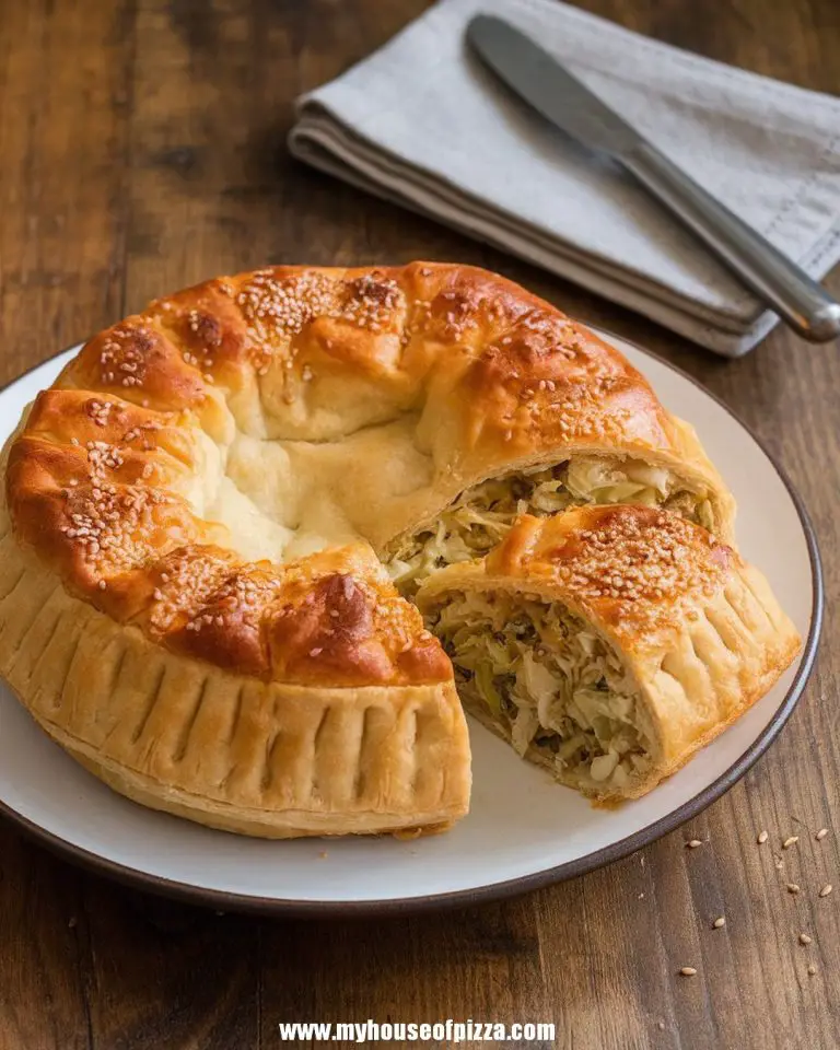 Golden-brown baked chicken and cabbage pirog with a flaky crust, topped with sesame seeds, served on a white plate on a rustic wooden table.