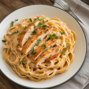 Creamy Chicken Scampi Pasta Recipe for a Flavor-Packed Italian Dinner 7 Creamy chicken scampi pasta with golden brown grilled chicken slices, garnished with fresh parsley on a rustic wooden table.