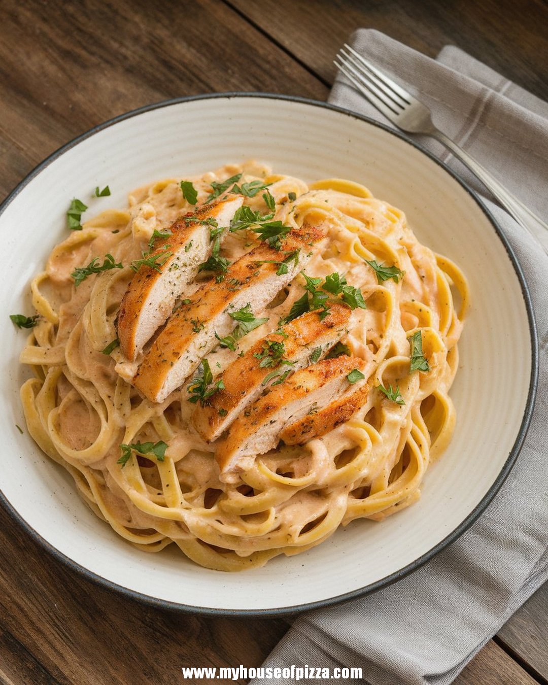 Creamy Chicken Scampi Pasta Recipe for a Flavor-Packed Italian Dinner 1 Creamy chicken scampi pasta with golden brown grilled chicken slices, garnished with fresh parsley on a rustic wooden table.