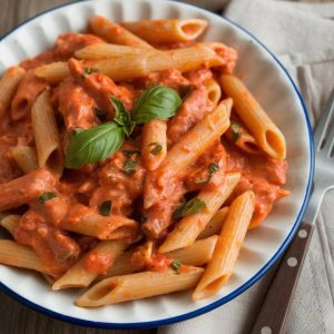 Creamy Tomato Pasta Recipe for a Flavorful and Easy Dinner 7 A plate of creamy tomato sauce pasta with sausage, garnished with fresh basil leaves, served on a rustic wooden table.