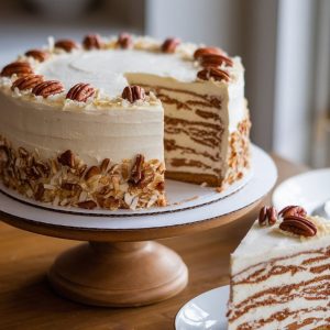 Creamy Italian Cream Cake Recipe: A Classic Dessert with Southern Charm 7 A beautifully layered Italian cream cake topped with creamy frosting, pecans, and a side of almond slices, elegantly displayed on a wooden cake stand.