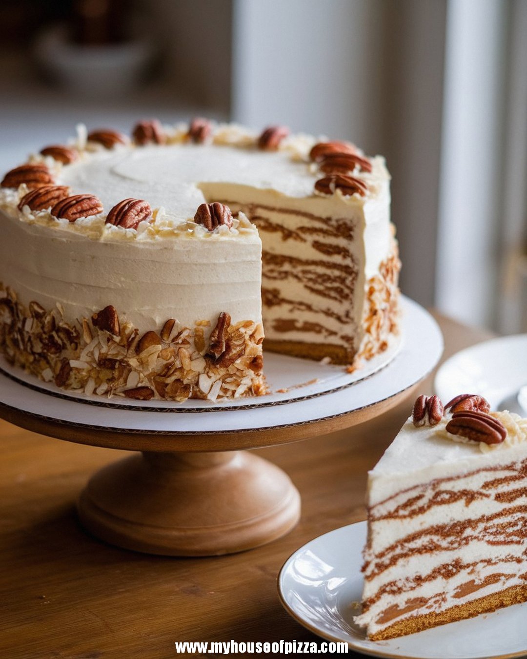 Creamy Italian Cream Cake Recipe: A Classic Dessert with Southern Charm 1 A beautifully layered Italian cream cake topped with creamy frosting, pecans, and a side of almond slices, elegantly displayed on a wooden cake stand.