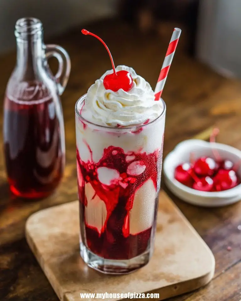 Refreshing Italian cream soda in a tall glass with vibrant red syrup, topped with whipped cream and a cherry, accompanied by a striped straw and a rustic wooden background.