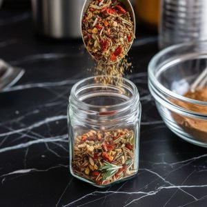 Homemade Italian Seasoning Recipe: The Ultimate Pantry Staple 7 A spoonful of vibrant homemade Italian seasoning, featuring a mix of herbs and spices like rosemary and red pepper flakes, is being poured into a glass jar on a black marble countertop.