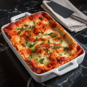 Classic Homemade Lasagna Recipe for Cozy Family Dinners 7 Golden-brown baked lasagna in a white ceramic dish, garnished with fresh parsley, on a dark marble countertop with a spatula and napkin beside it.