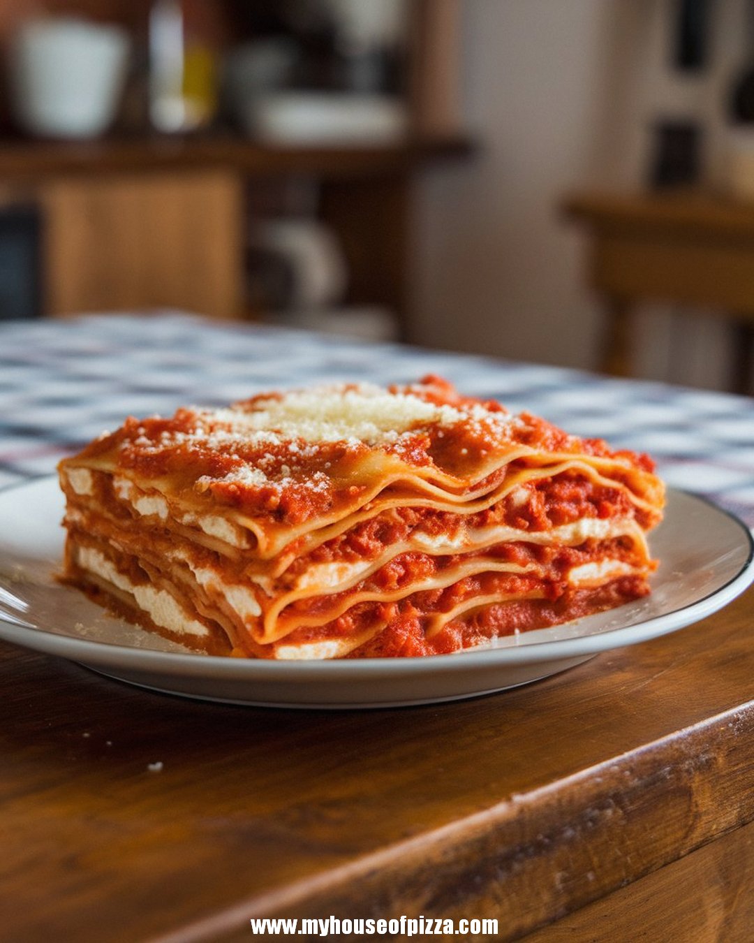 Classic Homemade Lasagna Recipe for Cozy Family Dinners 1 A mouthwatering slice of homemade lasagna with layers of pasta, rich tomato sauce, and melted cheese on a white plate, perfect for an Italian comfort food recipe.