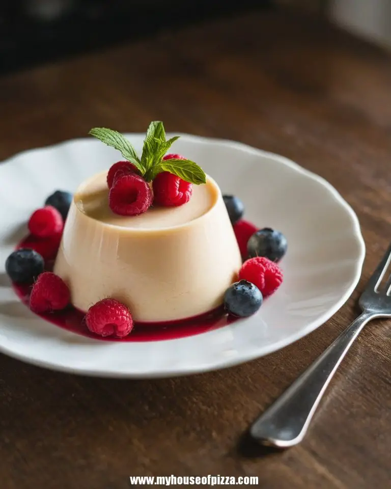 Creamy panna cotta topped with fresh raspberries and blueberries, garnished with mint leaves, elegantly presented on a white plate with a rustic wooden table background.