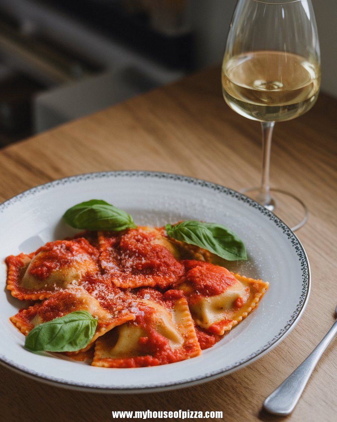Creamy Spinach and Cheese Ravioli Recipe: Homemade Italian Comfort Food 1 A plate of spinach and cheese ravioli topped with rich tomato sauce, garnished with fresh basil leaves, served alongside a glass of white wine on a wooden table.