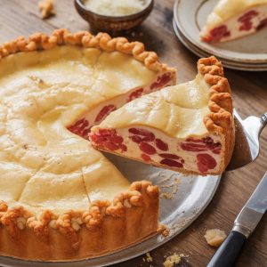 Pizza Rustica (Italian Easter Pie) Recipe: A Savory, Cheesy, Authentic Holiday Tradition 7 A golden-brown Italian Easter pie, or pizza rustica, with a flaky crust and a rich filling of meats and cheeses, displayed on a rustic wooden table.