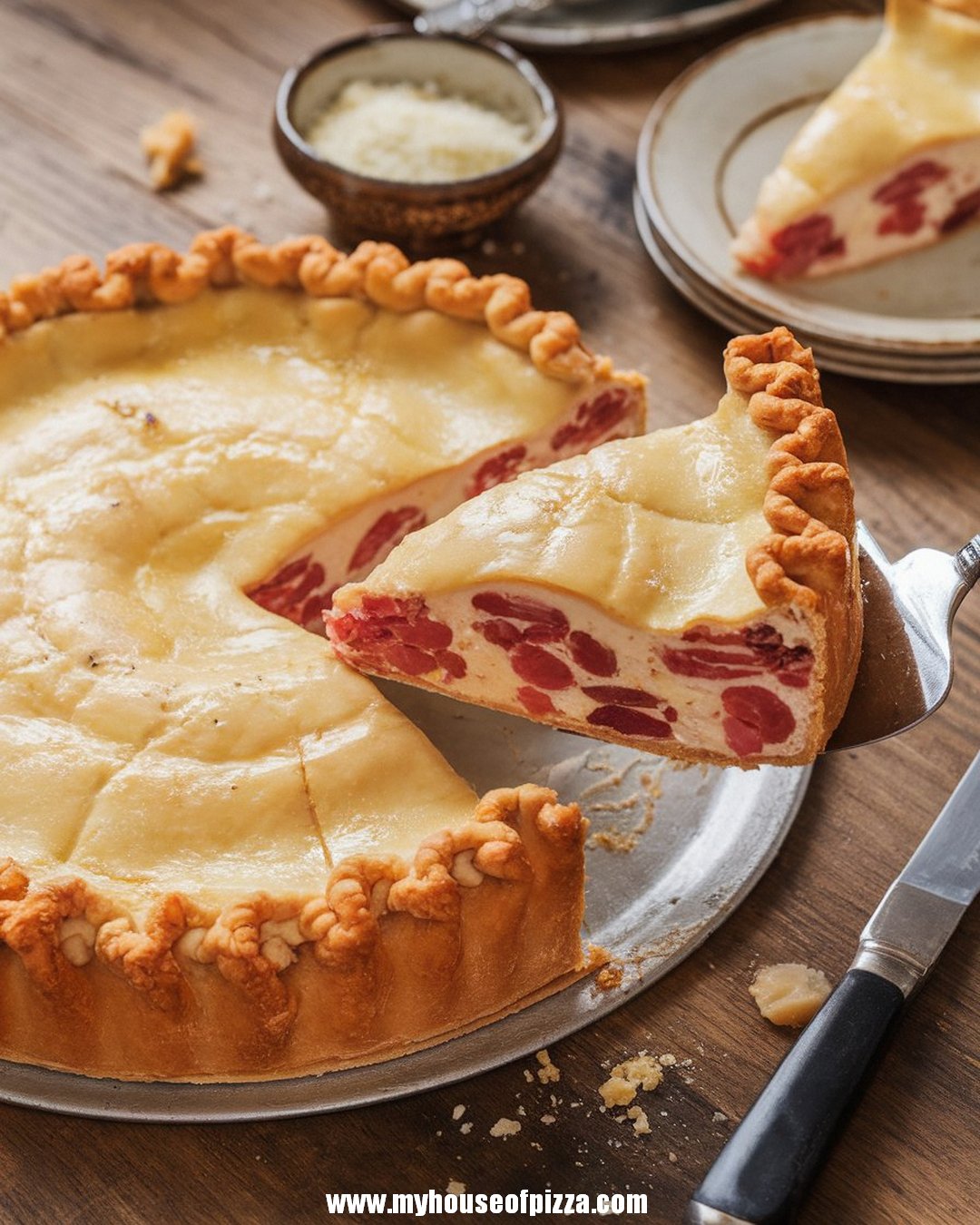 Pizza Rustica (Italian Easter Pie) Recipe: A Savory, Cheesy, Authentic Holiday Tradition 1 A golden-brown Italian Easter pie, or pizza rustica, with a flaky crust and a rich filling of meats and cheeses, displayed on a rustic wooden table.