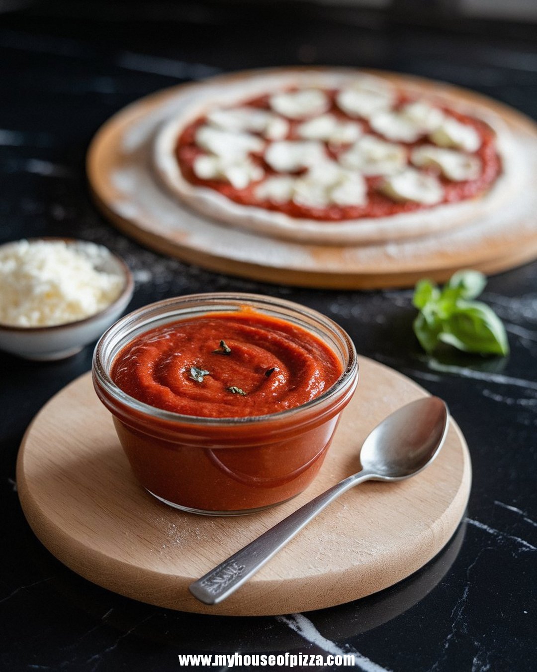 Copycat Pizza Hut Sauce Recipe: Make Your Favorite Takeout Pizza Sauce At Home 1 Homemade pizza sauce in a glass jar on a wooden board, with a spoon beside it, fresh basil leaves, and a partially prepared pizza topped with cheese and tomato sauce in the background on a black marble surface.